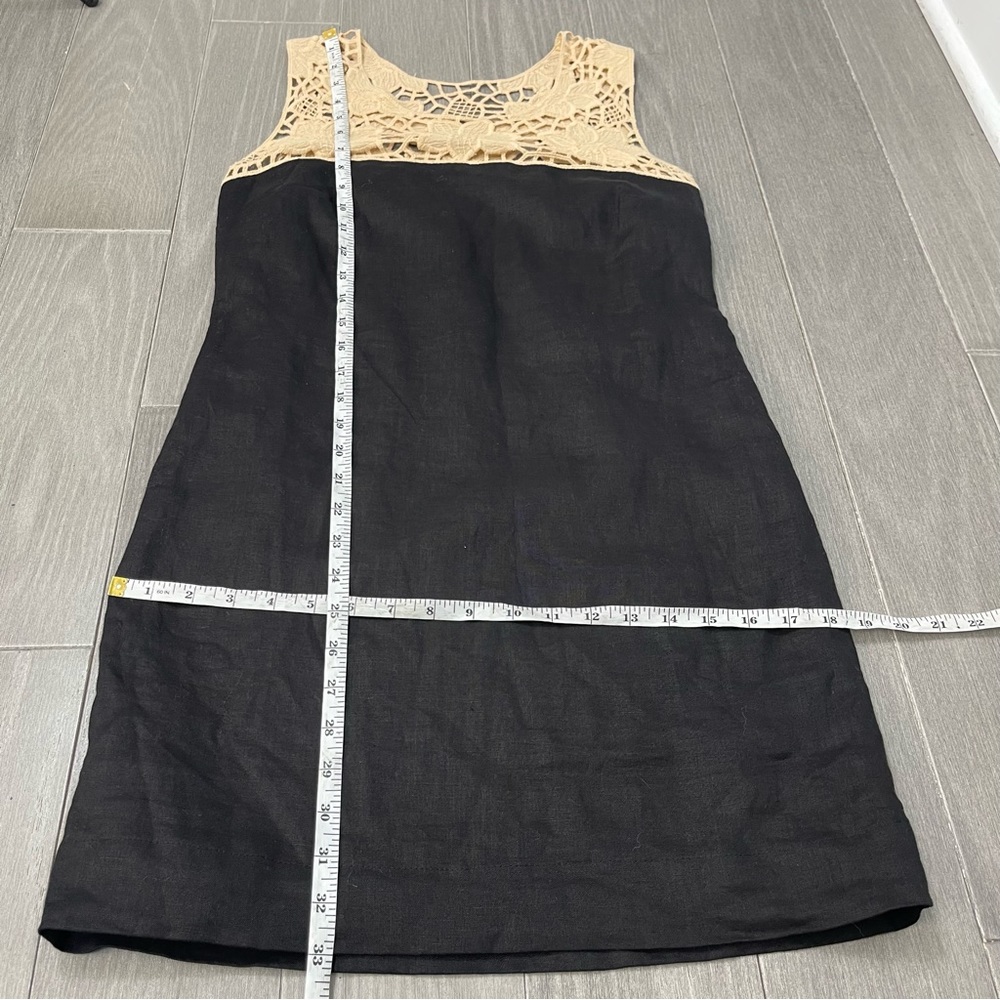 NWT LOFT Black Linen Shift Mini Dress Beige Crochet Lace Floral Neck Color Block - Picture 12 of 13